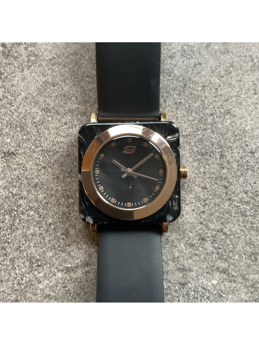 Sketchers Calabar Square Rose Gold Tone Case Black Silicone Band Womens Watch 14